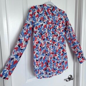 Lauren Ralph Lauren Courtenay Red Blue Floral Cotton Voile Shirt Americana Small
